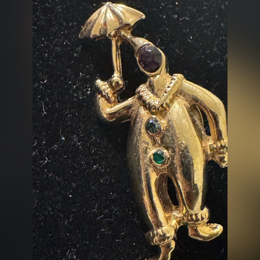 Jonette Clown in the Rain Pin  With Green Gems